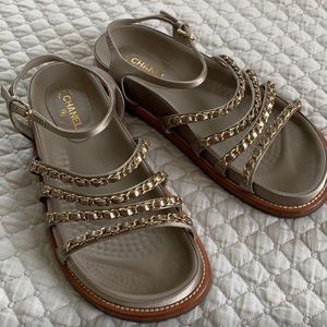 CHANEL satin chain sandals | Beige | Sizes: 38
